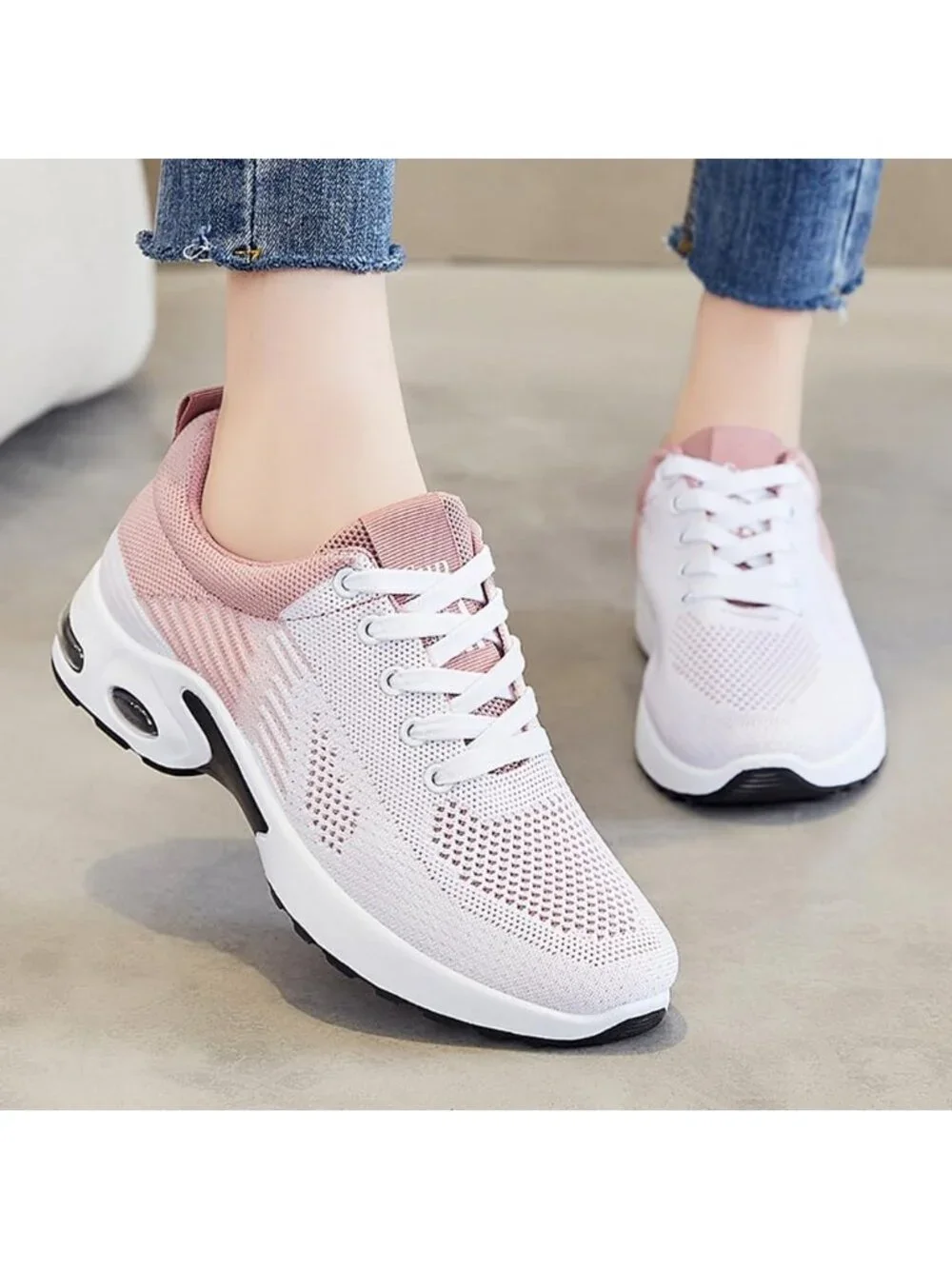 Women's White Pink Lightweight Air Cushion Mesh Breathable Casual Sneakers